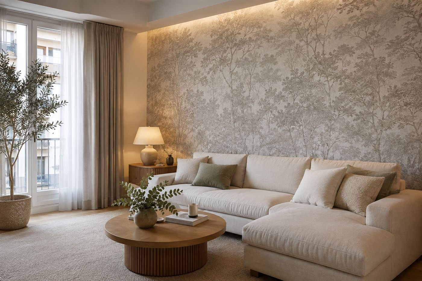 Salón con pared de papel pintado de motivo botánico y sofá neutro